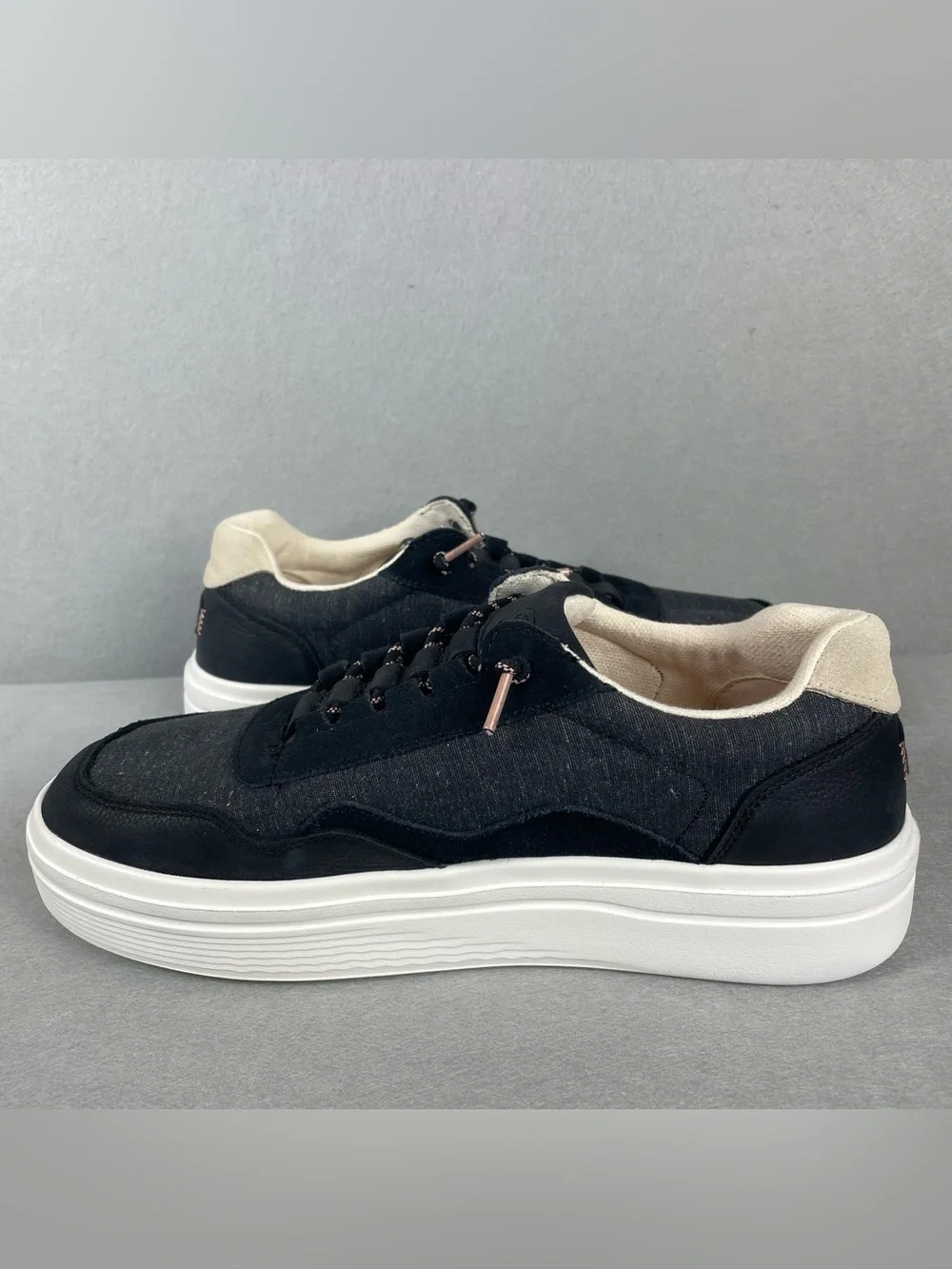 Hey Dude Hudson Lift Sport Womens Size 12 Black Leather Platform Sneakers